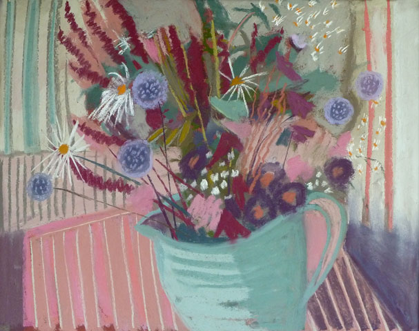 Sue Campion, Garden Flowers on the Stripey Cloth